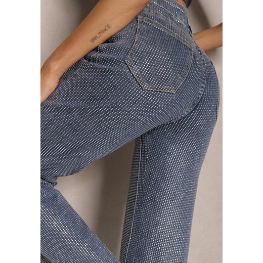 Niebieskie Jeansy Szerokie z Wiskozą i Bawełną High Waist Ozdobione Cyrkoniami Renee S renee.pl wyprzedaż