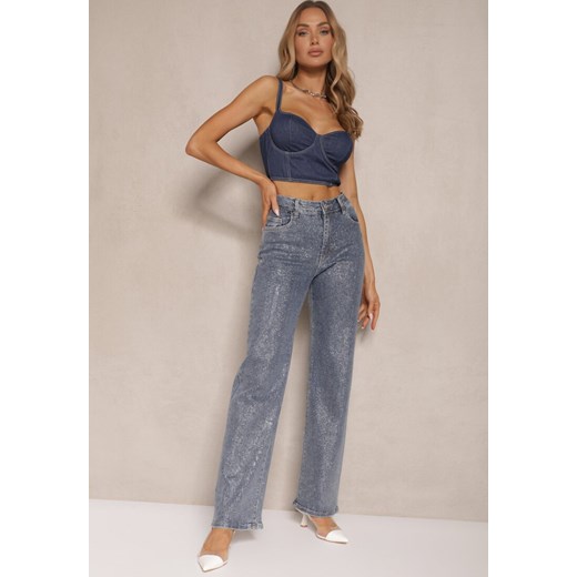 Niebieskie Jeansy Szerokie z Wiskozą i Bawełną High Waist Ozdobione Cyrkoniami Renee XS wyprzedaż renee.pl