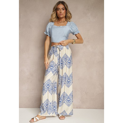 Niebieskie Spodnie z Wiskozy o Szerokim Kroju High Waist ze Wzorem Boho Neolissea ze sklepu renee.pl w kategorii Spodnie damskie - zdjęcie 179956744