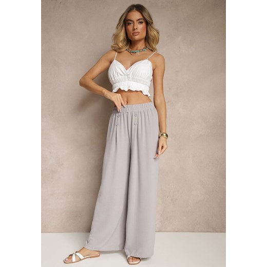 Szare Spodnie z Bawełną o Szerokim Kroju High Waist Ozdobione Guzikami Morritia ze sklepu renee.pl w kategorii Spodnie damskie - zdjęcie 179956774