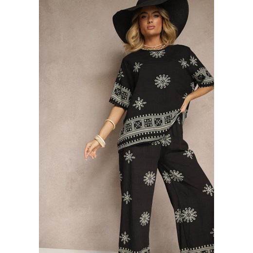 Czarny Komplet Boho z Wiskozy Szerokie Spodnie i T-shirt z Haftem Zeirae ze sklepu renee.pl w kategorii Komplety i garnitury damskie - zdjęcie 179956934