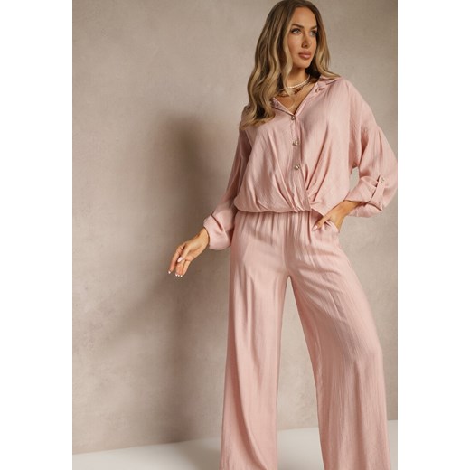 Różowy Komplet z Wiskozy w Stylu Oversize Szerokie Spodnie i Luźna Koszula na Guziki Natinne ze sklepu renee.pl w kategorii Komplety i garnitury damskie - zdjęcie 179957194