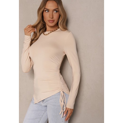 Beżowa Bluzka Longsleeve z Wiskozą o Asymetrycznym Kroju ze Ściągaczem Zepilda ze sklepu renee.pl w kategorii Bluzki damskie - zdjęcie 179957300