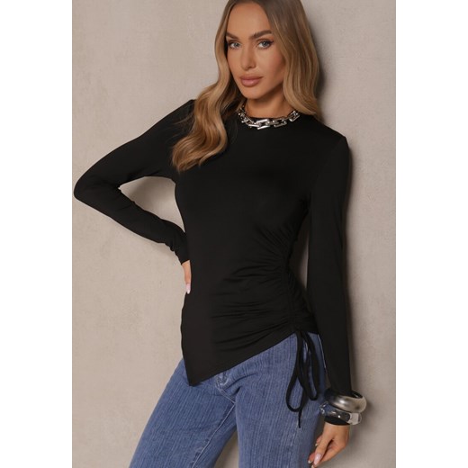 Czarna Bluzka Longsleeve z Wiskozą o Asymetrycznym Kroju ze Ściągaczem Zepilda ze sklepu renee.pl w kategorii Bluzki damskie - zdjęcie 179957310