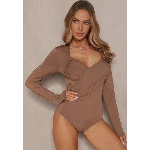 Brązowe Eleganckie Body Longsleeve z Ozdobnym Marszczeniem Zimanya ze sklepu renee.pl w kategorii Bluzki damskie - zdjęcie 179957321