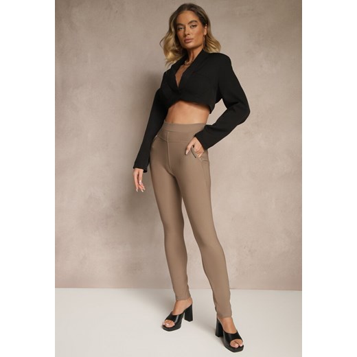 Jasnobrązowe Spodnie Typu Skinny High Waist Ozdobione Cyrkoniami Lavilara ze sklepu renee.pl w kategorii Spodnie damskie - zdjęcie 179957963