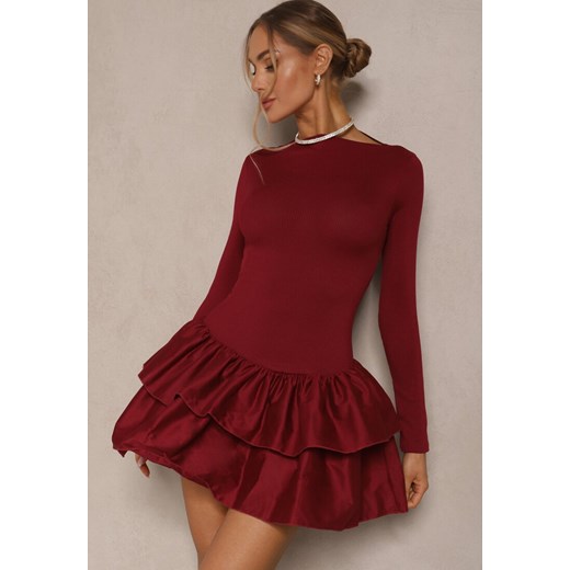 Bordowa Sukienka Longsleeve o Rozkloszowanym Kroju z Falbanką Reline ze sklepu renee.pl w kategorii Sukienki - zdjęcie 179958564