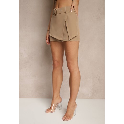 Ciemnobeżowe Szorty Stylizowane na Spódniczkę z Paskiem Halavina Renee M renee.pl okazja