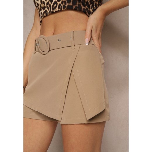 Ciemnobeżowe Szorty Stylizowane na Spódniczkę z Paskiem Halavina Renee S wyprzedaż renee.pl