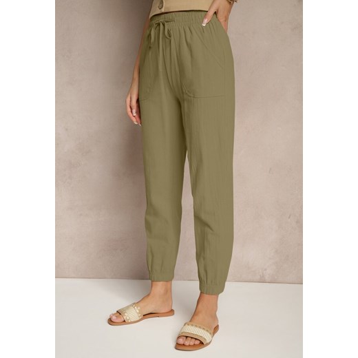 Ciemnozielone Spodnie Joggery z Bawełny High Waist ze Sznurowaniem Xarvania Renee 2XL okazyjna cena renee.pl