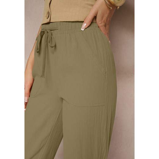 Ciemnozielone Spodnie Joggery z Bawełny High Waist ze Sznurowaniem Xarvania Renee S wyprzedaż renee.pl