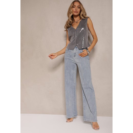 Niebieskie Jeansy z Bawełny o Szerokim Kroju High Waist z Cyrkoniami Polmoi ze sklepu renee.pl w kategorii Jeansy damskie - zdjęcie 179959034