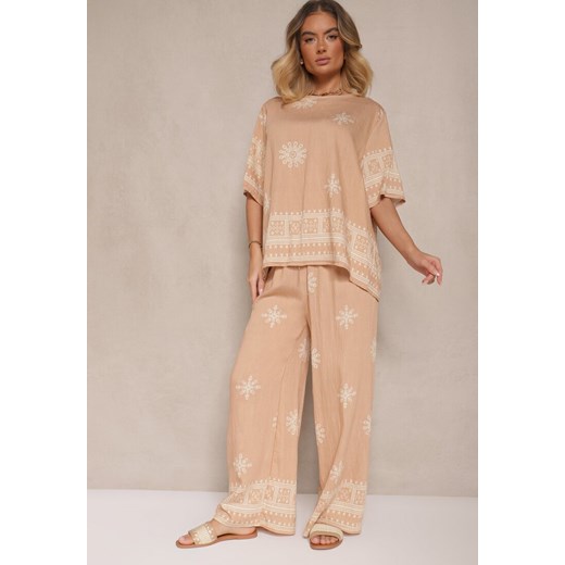 Beżowy Komplet Oversize z Bluzką i Luźnymi Spodniami w Stylu Boho Ronivara ze sklepu renee.pl w kategorii Komplety i garnitury damskie - zdjęcie 179959274