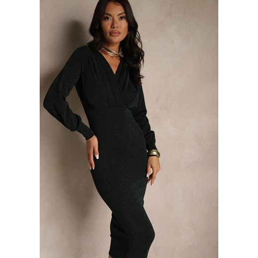 Zielona Kopertowa Sukienka o Dopasowanym Fasonie z Bufiastymi Rękawami Ulosira Renee L renee.pl okazja