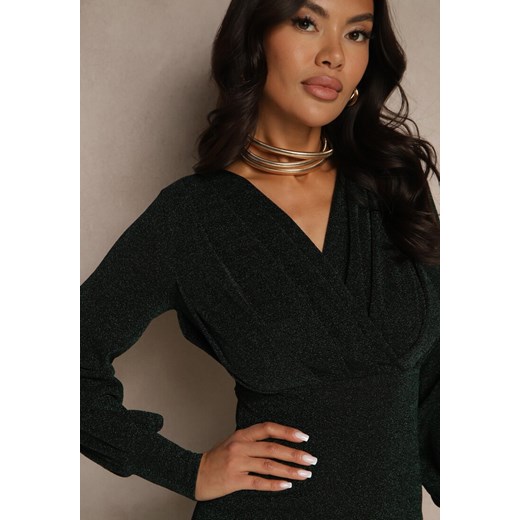 Zielona Kopertowa Sukienka o Dopasowanym Fasonie z Bufiastymi Rękawami Ulosira Renee M promocja renee.pl