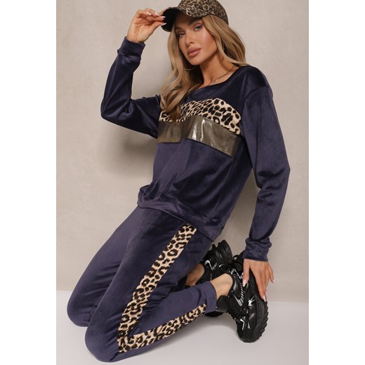 Granatowy Welurowy Komplet Dresowy Bluza i Joggery z Wzorem w Panterkę Xorienta ze sklepu renee.pl w kategorii Dresy damskie - zdjęcie 179959862