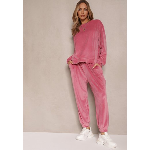 Różowy Komplet Dresowy z Welurowej Tkaniny Bluza i Joggery Lisarilia ze sklepu renee.pl w kategorii Dresy damskie - zdjęcie 179959960