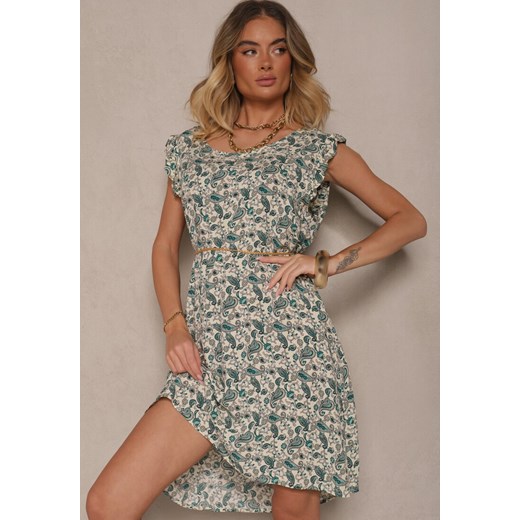 Sukienka Renee zielona casual z krótkimi rękawami rozkloszowana mini z bawełny