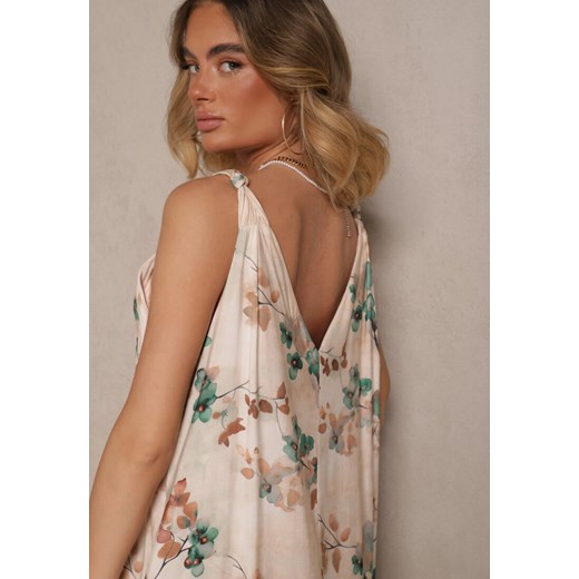 Beżowo-Zielona Rozkloszowana Sukienka na Ramiączkach z Wiskozą w Kwiatowy Wzór Renee M promocyjna cena renee.pl