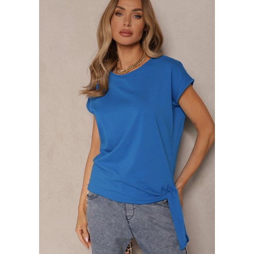 Niebieski T-shirt z Bawełny z Ozdobnym Wiązaniem Termio ze sklepu renee.pl w kategorii Bluzki damskie - zdjęcie 179961401