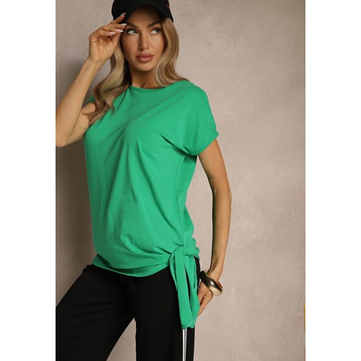 Zielony T-shirt z Bawełny z Ozdobnym Wiązaniem Termio ze sklepu renee.pl w kategorii Bluzki damskie - zdjęcie 179961411