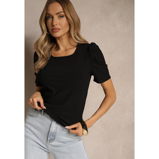 Czarny T-shirt z Prążkowanej Tkaniny z Zakładkami przy Rękawach Kolaniella ze sklepu renee.pl w kategorii Bluzki damskie - zdjęcie 179961581