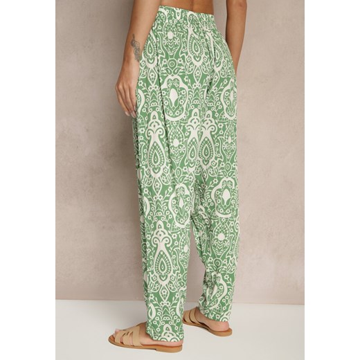 Ciemnozielone Wiskozowe Spodnie High Waist Zdobione Ornamentalnym Printem Renee L wyprzedaż renee.pl