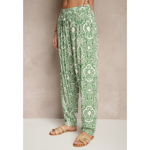 Ciemnozielone Wiskozowe Spodnie High Waist Zdobione Ornamentalnym Printem Renee L okazja renee.pl