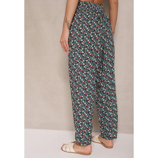 Zielono-Czarne Spodnie z Wiskozy High Waist w Kwiatowy Wzór Liosena Renee L renee.pl okazja