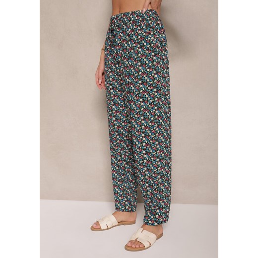 Zielono-Czarne Spodnie z Wiskozy High Waist w Kwiatowy Wzór Liosena Renee M wyprzedaż renee.pl