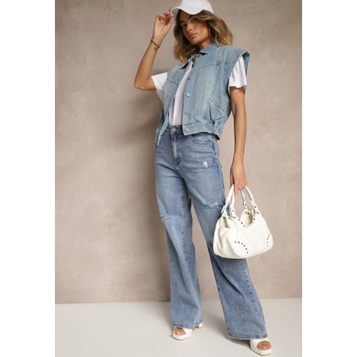 Niebieskie Jeansy High Waist z Szeroką Nogawką Zdobione Przetarciami Napinea ze sklepu renee.pl w kategorii Jeansy damskie - zdjęcie 179962654