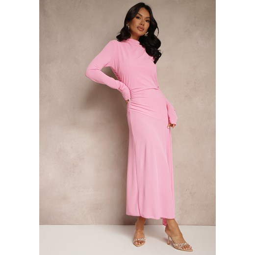 Różowa Asymetryczna Sukienka Koktajlowa z Ozdobnymi Guzikami Dralriti Renee M okazja renee.pl