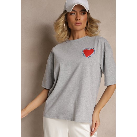 Szary T-shirt z Bawełny Ozdobiony Sercem Ranira ze sklepu renee.pl w kategorii Bluzki damskie - zdjęcie 179963752