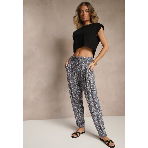 Granatowe Spodnie z Wiskozy High Waist w Kwiatowy Wzór Liosena Renee M okazja renee.pl