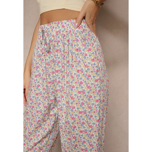 Białe Spodnie z Wiskozy High Waist w Kwiatowy Wzór Liosena Renee L wyprzedaż renee.pl