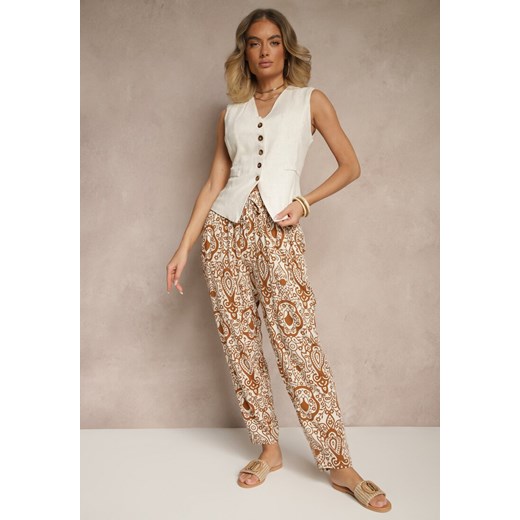 Brązowe Wiskozowe Spodnie High Waist Zdobione Ornamentalnym Printem Jenavitha Renee L promocyjna cena renee.pl