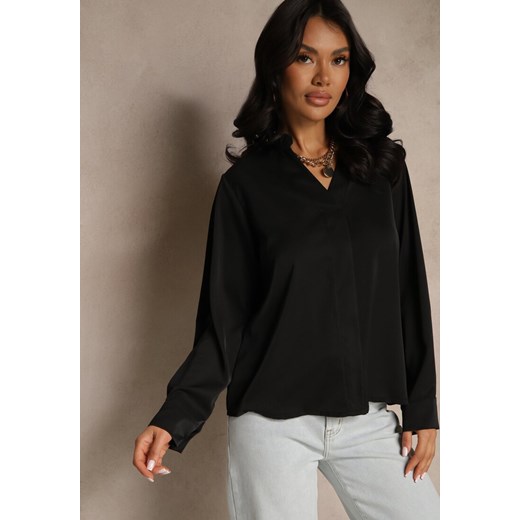 Czarna Bluzka z Dekoltem w Kształcie Litery V Zdobionym Falbanką Davissia Renee ONE SIZE renee.pl wyprzedaż