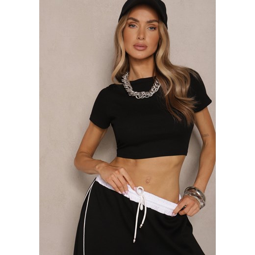 Czarny T-shirt z Bawełny z Prążkowanego Materiału Aszedi ze sklepu renee.pl w kategorii Bluzki damskie - zdjęcie 179965114