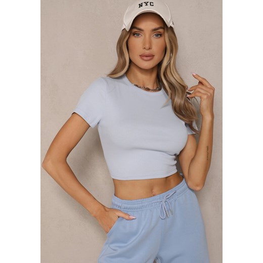 Jasnoniebieski T-shirt z Bawełny z Prążkowanego Materiału Aszedi ze sklepu renee.pl w kategorii Bluzki damskie - zdjęcie 179965124