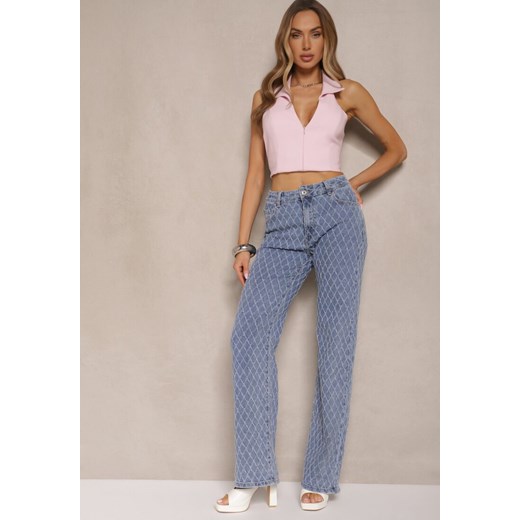Niebieskie Jeansy z Bawełny High Waist o Szerokim Kroju w Romby Tuvielle ze sklepu renee.pl w kategorii Jeansy damskie - zdjęcie 179965453