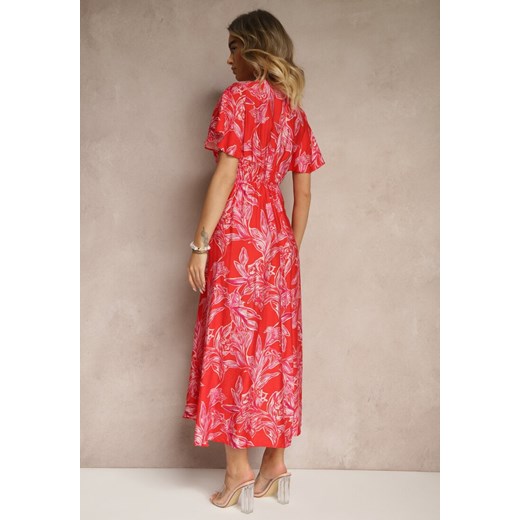 Czerwona Wiskozowa Sukienka z Marszczeniem i Abstrakcyjnym Wzorem Lanittra Renee S renee.pl okazja