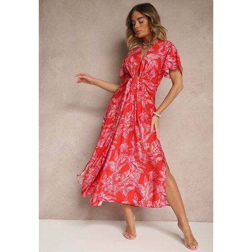 Czerwona Wiskozowa Sukienka z Marszczeniem i Abstrakcyjnym Wzorem Lanittra Renee M promocyjna cena renee.pl
