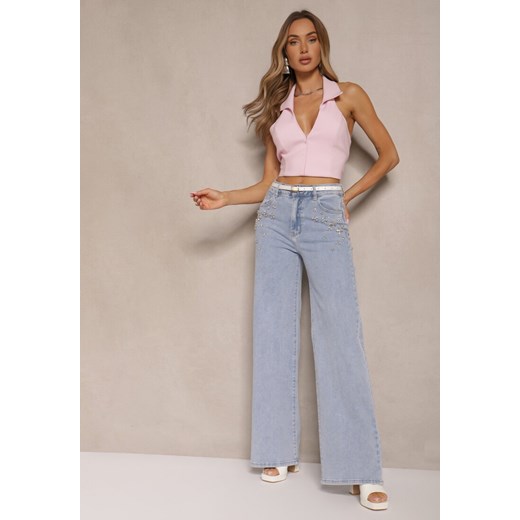 Jasnoniebieskie Jeansy High Waist Wide Leg z Cyrkoniowymi Zdobieniami Palanirela ze sklepu renee.pl w kategorii Jeansy damskie - zdjęcie 179966724
