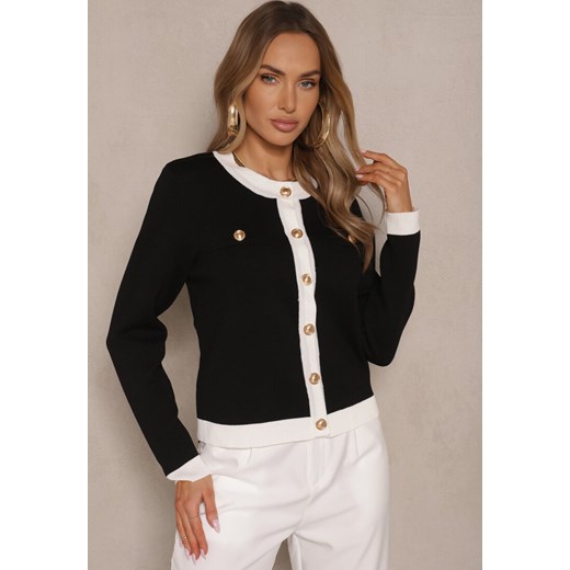 Czarny Retro Sweter Kardigan z Wiskozą z Eleganckimi Guzikami Tesorenia ze sklepu renee.pl w kategorii Swetry damskie - zdjęcie 179968350