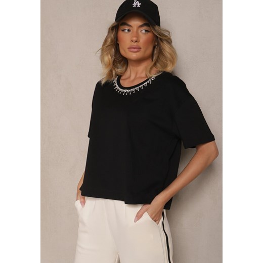 Czarny T-shirt z Bawełny z Cyrkoniami Fadeola ze sklepu renee.pl w kategorii Bluzki damskie - zdjęcie 179968651