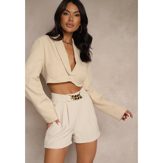 Beżowe Szorty High Waist z Ozdobnym Łańcuszkiem Nevolene ze sklepu renee.pl w kategorii Szorty - zdjęcie 179968661