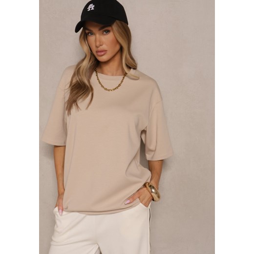 Jasnobeżowy Basicowy T-shirt z Bawełną Meronissea ze sklepu renee.pl w kategorii Bluzki damskie - zdjęcie 179968811