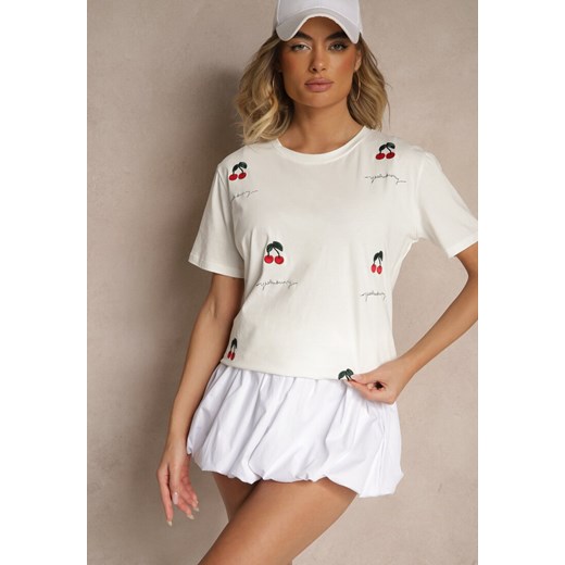Biały T-shirt z Bawełny z Haftowanymi Detalami w Wiśnie Nevianeva ze sklepu renee.pl w kategorii Bluzki damskie - zdjęcie 179968923