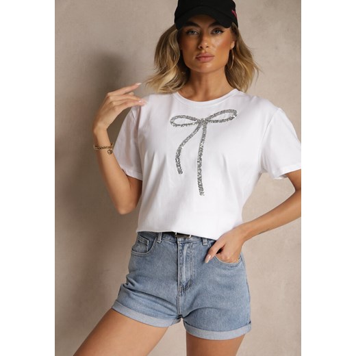 Biały Bawełniany T-shirt z Cekinową Aplikacją w Kształcie Kokardy Tenuria ze sklepu renee.pl w kategorii Bluzki damskie - zdjęcie 179968933