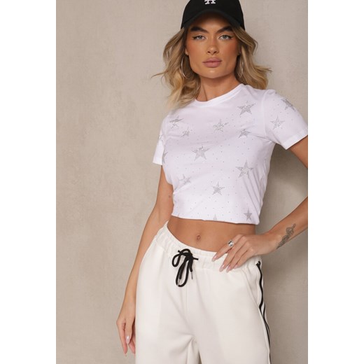 Biały T-shirt z Bawełny Zdobiony Gwiazdkami z Cyrkonii Tenenisa ze sklepu renee.pl w kategorii Bluzki damskie - zdjęcie 179968953